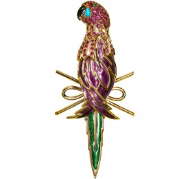 蒂芙尼 铂金及18K黄金镶嵌粉色蓝宝石，紫色珐琅及绿色珐琅鹦鹉佩剑造型胸针 胸针