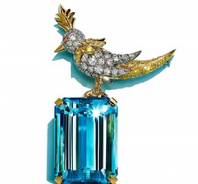 蒂芙尼 铂金及18K黄金镶嵌海蓝宝石，粉色蓝宝石，黄钻及白钻“石上鸟”胸针 胸针