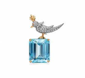蒂芙尼SCHLUMBERGER™高级珠宝黄金及铂金镶嵌海蓝宝、钻石和粉红色蓝宝石“石上鸟”胸针官方图