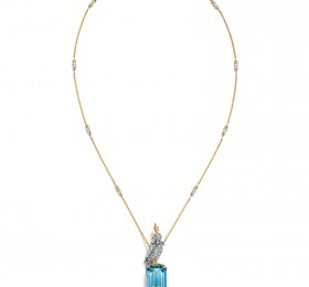 蒂芙尼SCHLUMBERGER™高级珠宝铂金及18K黄金镶嵌海蓝宝石，钻石及粉色蓝宝石”石上鸟”吊坠官方图