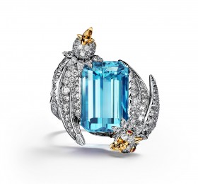 蒂芙尼SCHLUMBERGER™高级珠宝铂金及18K黄金镶嵌海蓝宝石，钻石及粉色蓝宝石”石上鸟”戒指官方图