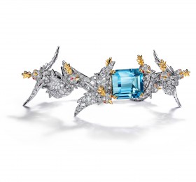 蒂芙尼 铂金及18K黄金镶嵌海蓝宝石，钻石及粉色蓝宝石”石上鸟”手镯 手镯
