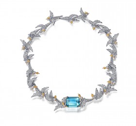 蒂芙尼SCHLUMBERGER™高级珠宝铂金及18K黄金镶嵌海蓝宝石，钻石及粉色蓝宝石”石上鸟”项链官方图