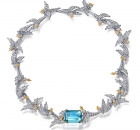 蒂芙尼SCHLUMBERGER™高级珠宝铂金及18K黄金镶嵌海蓝宝石，钻石及粉色蓝宝石”石上鸟”项链 项链