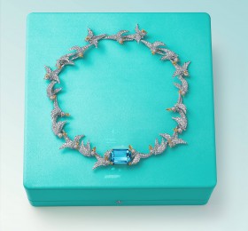 蒂芙尼SCHLUMBERGER™高级珠宝铂金及18K黄金镶嵌海蓝宝石，钻石及粉色蓝宝石”石上鸟”项链官方图