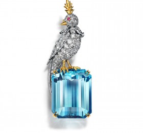 蒂芙尼SCHLUMBERGER™高级珠宝铂金及18K黄金镶嵌海蓝宝石，钻石及粉色蓝宝石”石上鸟”胸针官方图