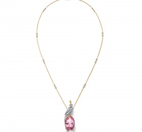 蒂芙尼SCHLUMBERGER™高级珠宝18K黄金及铂金镶嵌摩根石，钻石及粉色蓝宝石“石上鸟”吊坠 吊坠