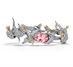 蒂芙尼SCHLUMBERGER™高级珠宝18K黄金及铂金镶嵌摩根石，钻石及粉色蓝宝石“石上鸟”手镯 手镯