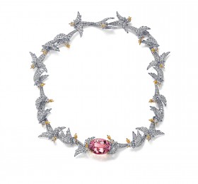 蒂芙尼SCHLUMBERGER™高级珠宝18K黄金及铂金镶嵌摩根石，钻石及粉色蓝宝石“石上鸟”项链官方图