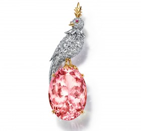蒂芙尼SCHLUMBERGER™高级珠宝18K黄金及铂金镶嵌摩根石，钻石及粉色蓝宝石“石上鸟”胸针 胸针