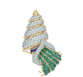 蒂芙尼史隆伯杰系列铂金及18K黄金镶嵌祖母绿, 蓝宝石及钻石胸针官方图