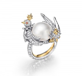 蒂芙尼史隆伯杰系列铂金及黄金镶嵌白色纽扣形天然野生珍珠，钻石及红宝石戒指 戒指