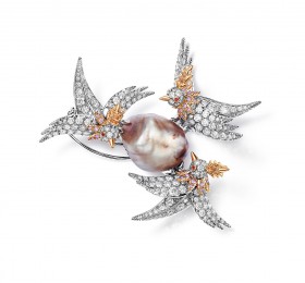 蒂芙尼史隆伯杰系列18K玫瑰金及铂金镶嵌浅橙棕色与白色巴洛克天然野生珍珠，彩粉钻，钻石及红宝石胸针官方图