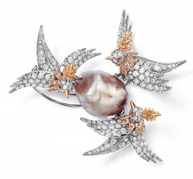 蒂芙尼史隆伯杰系列18K玫瑰金及铂金镶嵌浅橙棕色与白色巴洛克天然野生珍珠，彩粉钻，钻石及红宝石胸针 胸针