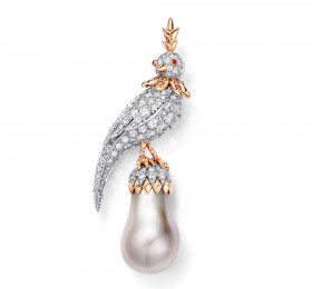 蒂芙尼史隆伯杰系列18K玫瑰金及铂金镶嵌浅灰色水滴形天然野生珍珠，香槟色钻石，钻石及红宝石胸针 胸针