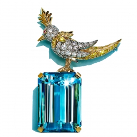 蒂芙尼BLUE BOOK高级珠宝2022 Blue Book铂金及18K黄金镶嵌海蓝宝石，粉色蓝宝石，黄钻及白钻“石上鸟”胸针