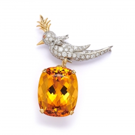 蒂芙尼SCHLUMBERGER™高级珠宝黄金及铂金镶嵌黄水晶、钻石和粉红色蓝宝石石上鸟胸针