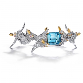 蒂芙尼SCHLUMBERGER™高级珠宝铂金及18K黄金镶嵌海蓝宝石，钻石及粉色蓝宝石”石上鸟”手镯