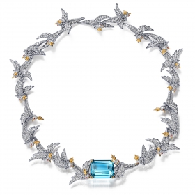 蒂芙尼SCHLUMBERGER™高级珠宝铂金及18K黄金镶嵌海蓝宝石，钻石及粉色蓝宝石”石上鸟”项链