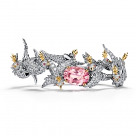 蒂芙尼SCHLUMBERGER™高级珠宝18K黄金及铂金镶嵌摩根石，钻石及粉色蓝宝石“石上鸟”手镯