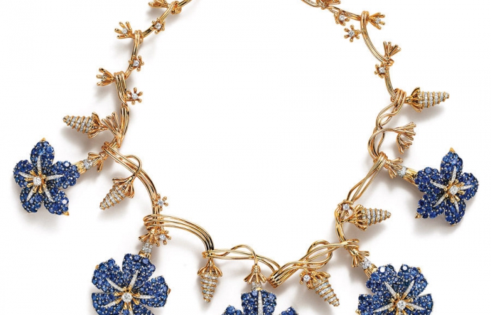 蒂芙尼史隆伯杰系列铂金及18k黄金镶嵌蓝宝石和钻石 牵牛花项链