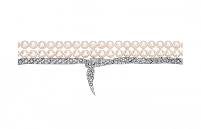 蒂芙尼MASTERPIECES铂金镶嵌圆形明亮式切割、方形切割钻石和双股式Akoya珍珠手链