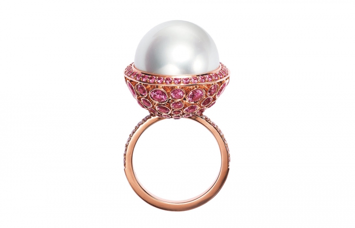 蒂芙尼MASTERPIECES PRISM系列18K玫瑰金镶嵌南海白珍珠与粉色蓝宝石戒指