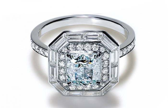 蒂芙尼BLUE BOOK高级珠宝方形改良明亮式切割浓彩绿蓝钻戒指