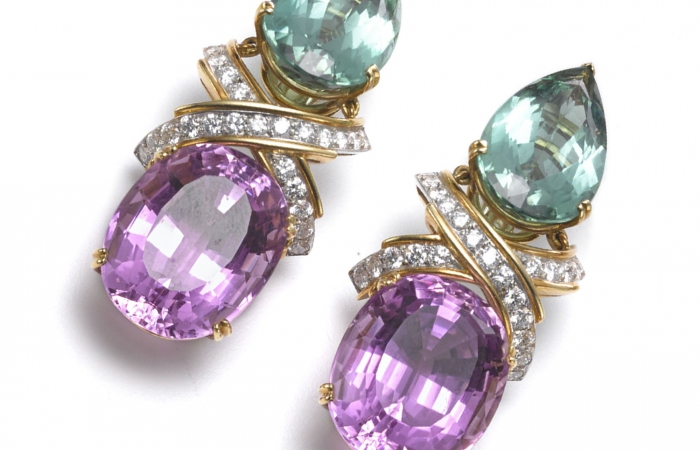 蒂芙尼古董珍藏18K黄金和铂金镶嵌钻石、碧玺、紫锂辉石耳环