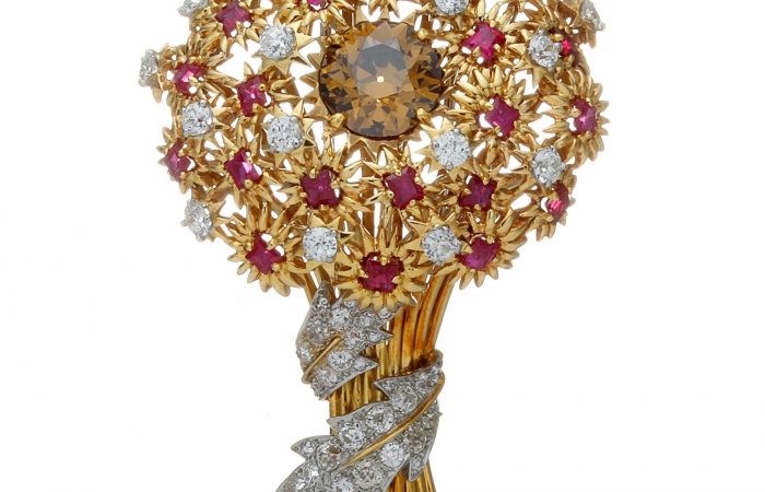 蒂芙尼古董珍藏18K黄金和铂金镶嵌红宝石、白钻及彩色钻石胸针