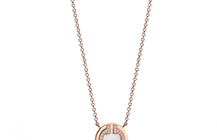 蒂芙尼TIFFANY T 18K 玫瑰金镶嵌珍珠母贝和钻石T Two圈形项链