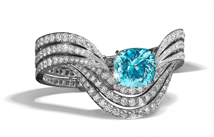 蒂芙尼BLUE BOOK高级珠宝ORCHID CURVE旖旎之兰铂金镶嵌海蓝宝石及钻石手镯