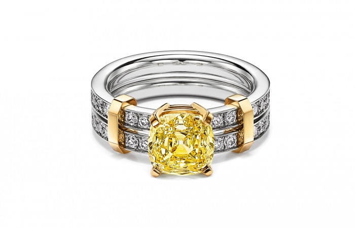 蒂芙尼TIFFANY EDGE系列铂金及18K黄金镶嵌浓彩黄钻及钻石戒指