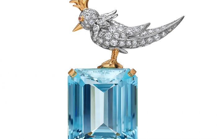 蒂芙尼SCHLUMBERGER™高级珠宝黄金及铂金镶嵌海蓝宝、钻石和粉红色蓝宝石“石上鸟”胸针