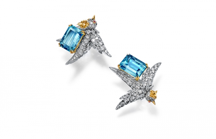蒂芙尼SCHLUMBERGER™高级珠宝铂金及18K黄金镶嵌海蓝宝石，钻石及粉色蓝宝石”石上鸟”耳环