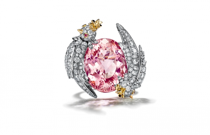 蒂芙尼SCHLUMBERGER™高级珠宝18K黄金及铂金镶嵌摩根石，钻石及粉色蓝宝石“石上鸟”戒指