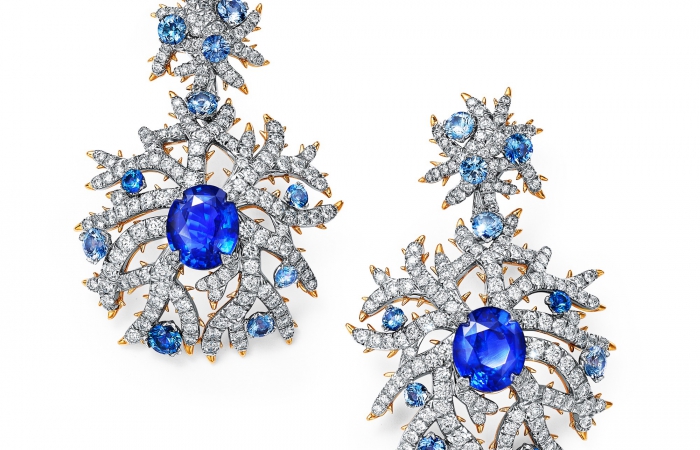 蒂芙尼BLUE BOOK高级珠宝2023 BLUE BOOK铂金及18K黄金镶嵌未经优化处理蓝宝石，蓝宝石及钻石耳环