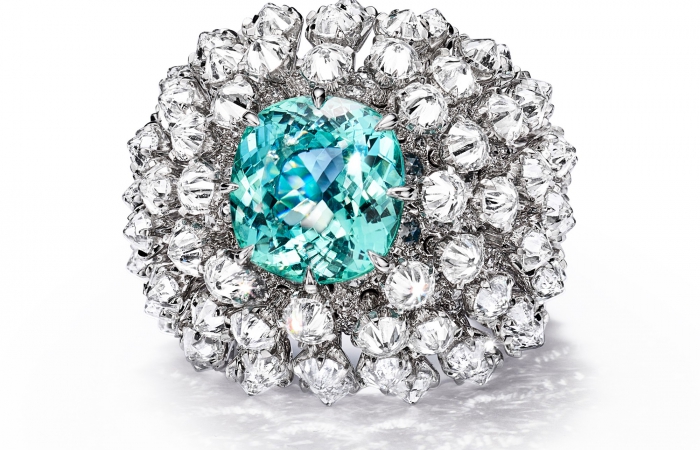 蒂芙尼BLUE BOOK高级珠宝2023 BLUE BOOK 18K白金镶嵌一颗重逾10克拉的蓝色铜锂碧玺，绿松石及钻石戒指