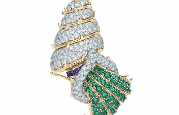 蒂芙尼史隆伯杰系列铂金及18K黄金镶嵌祖母绿, 蓝宝石及钻石胸针