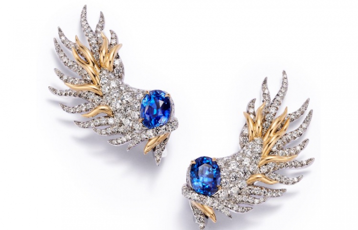 蒂芙尼史隆伯杰系列18K黄金及铂金镶嵌未经优化处理蓝宝石及钻石珊瑚造型耳环