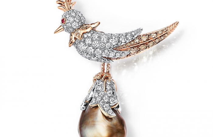 蒂芙尼史隆伯杰系列18K玫瑰金及铂金镶嵌香槟色巴洛克天然野生珍珠，香槟色钻石，钻石及红宝石胸针