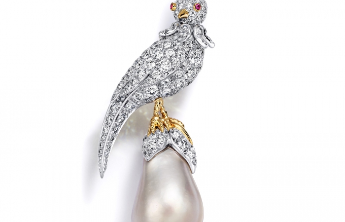 蒂芙尼史隆伯杰系列铂金及18K黄金镶嵌银色水滴形天然野生珍珠，钻石及红宝石胸针