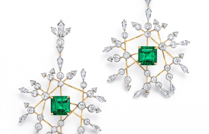 蒂芙尼BLUE BOOK高級珠寶18K黃金及鉑金鑲嵌總重逾7克拉的未經優化處理哥倫比亞祖母綠及鉆石耳環