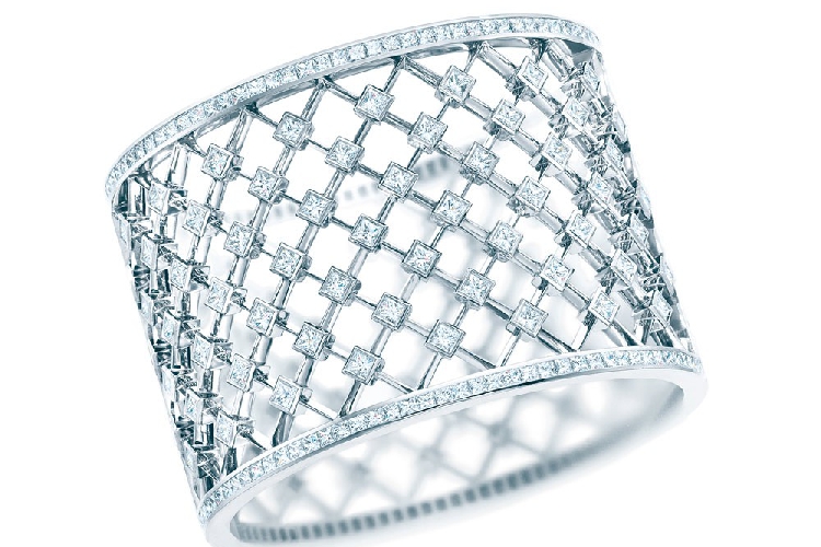蒂芙尼MASTERPIECES铂金镶嵌公主方形切割钻石镂空宽形手镯