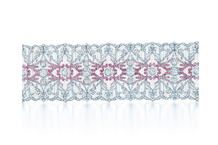 蒂芙尼铂金珠式镶嵌钻石和粉色蓝宝石手链