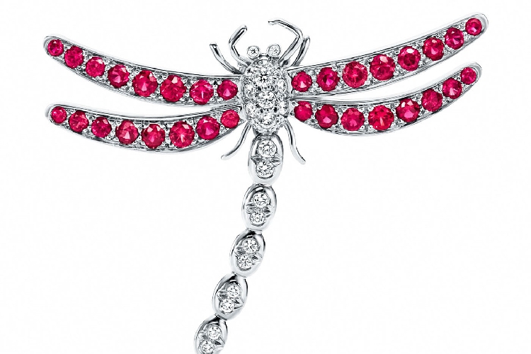 蒂芙尼铂金镶嵌红宝石和钻石中号蜻蜓胸针