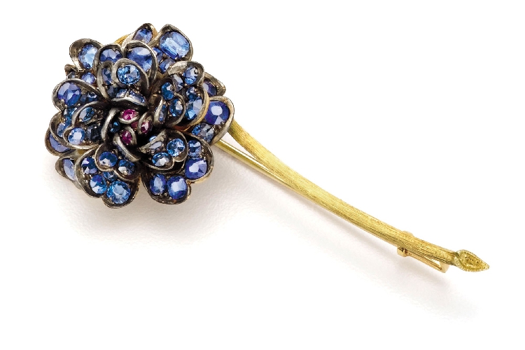 蒂芙尼古董珍藏18K黄金和纯银镶嵌蓝宝石及红宝石胸针