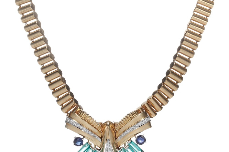 蒂芙尼古董珍藏18K黄金和铂金镶嵌蓝宝石、祖母绿及钻石项链