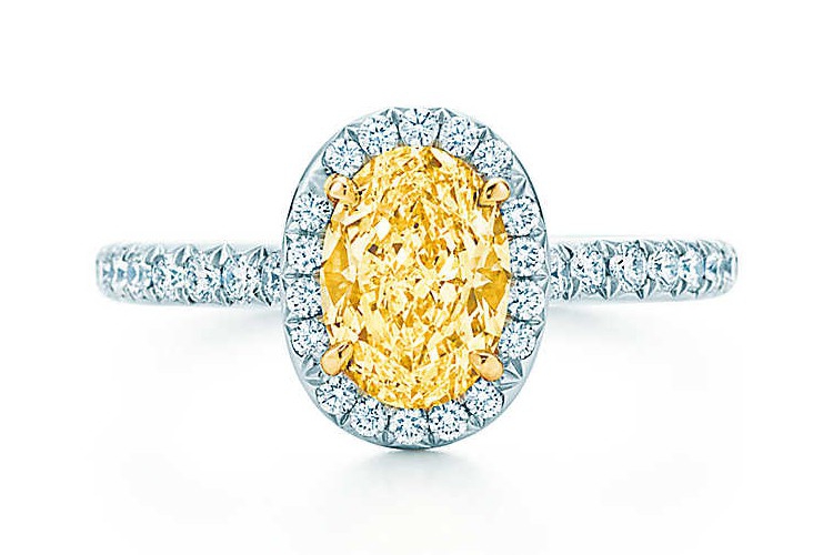蒂芙尼订婚钻戒铂金镶钻戒圈，珠链式边镶钻石环绕椭圆形钻石订婚钻戒