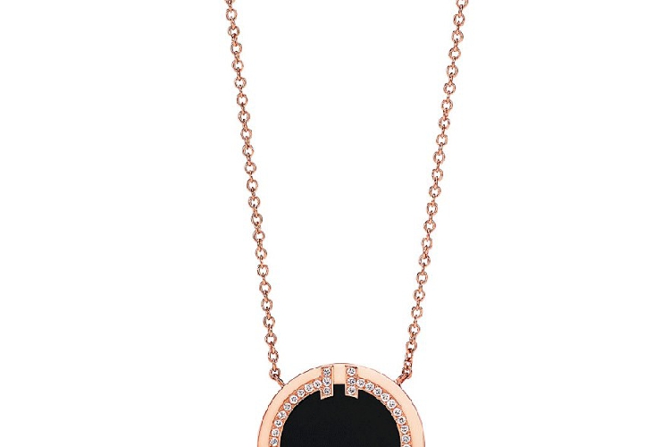 蒂芙尼TIFFANY T 18K 玫瑰金镶嵌黑色缟玛瑙和钻石T Two圈形项链